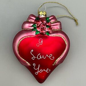 “I Love You” Red Heart Glass Holiday Ornament Red Pink